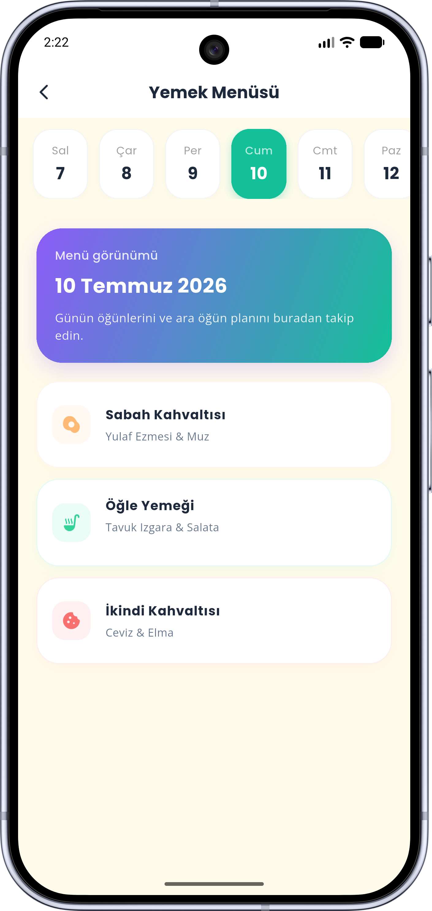 Kreş360 yemek menüsü ekranı