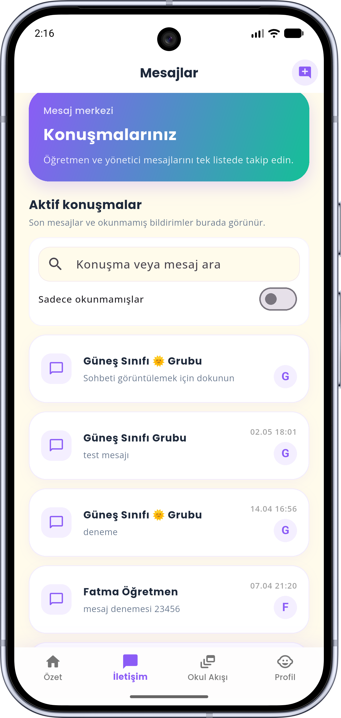 Kreş360 mesaj merkezi ekranı