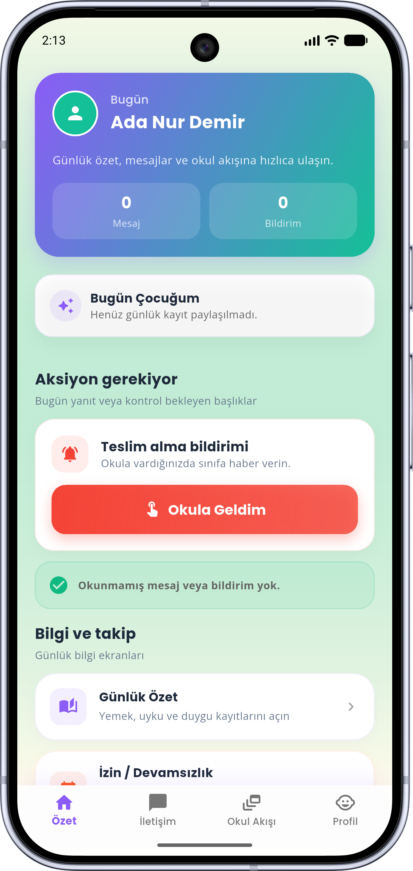 Kreş360 veli günlük özet ekranı